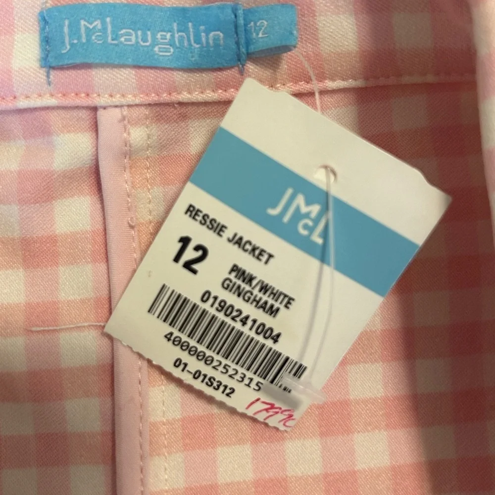 J. McLaughlin RESSIE white/ pink Gingham rayon blend jacket SZ 12 NWT